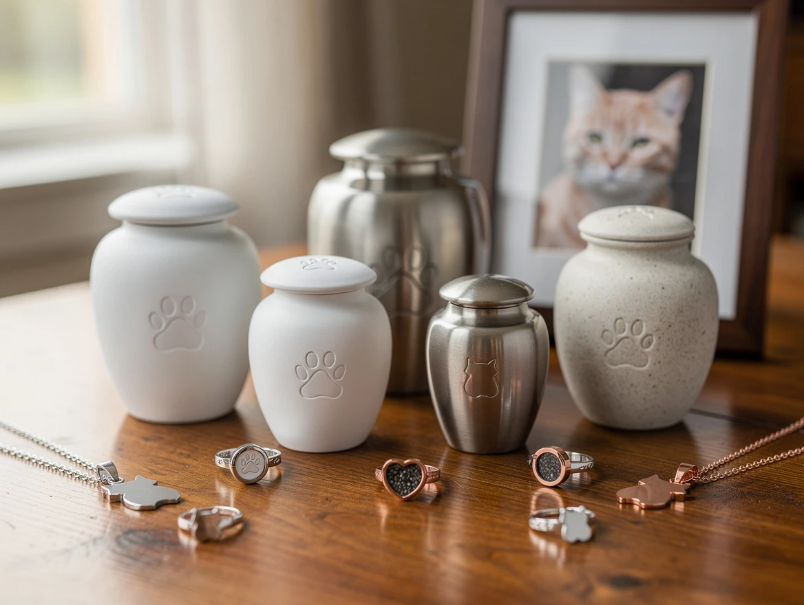 Variety of elegant pet urns and memorial jewelry displayed on a wooden table — options for keeping a cat's ashes
