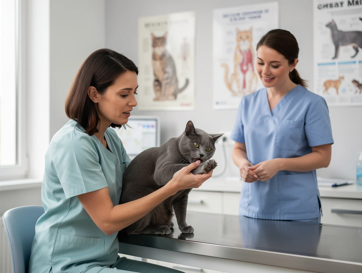 Concerned owner gently examining cat's paw at vet — sudden gentle biting as a pain signal