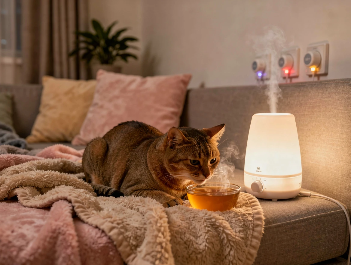 Cat resting near humidifier — home care when my cats meow is weak and raspy
