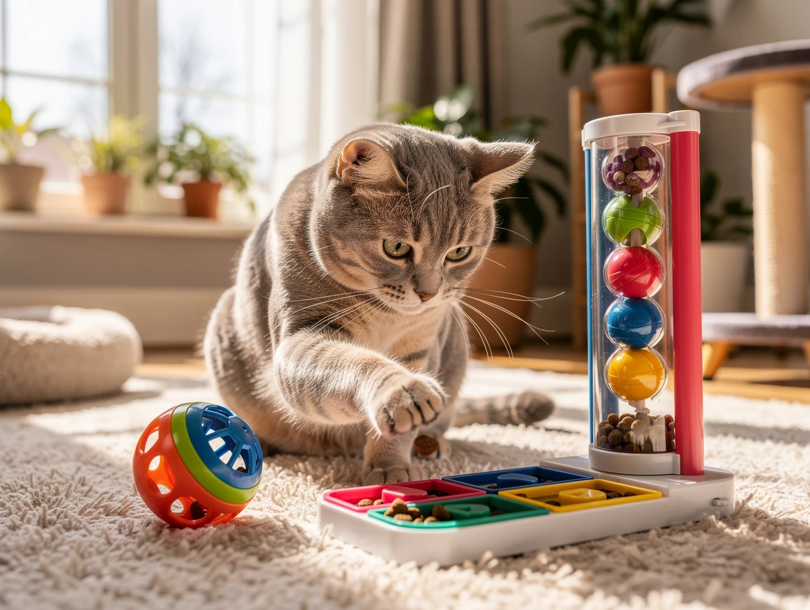 Cat alone at home playing with puzzle feeder and enrichment toys
