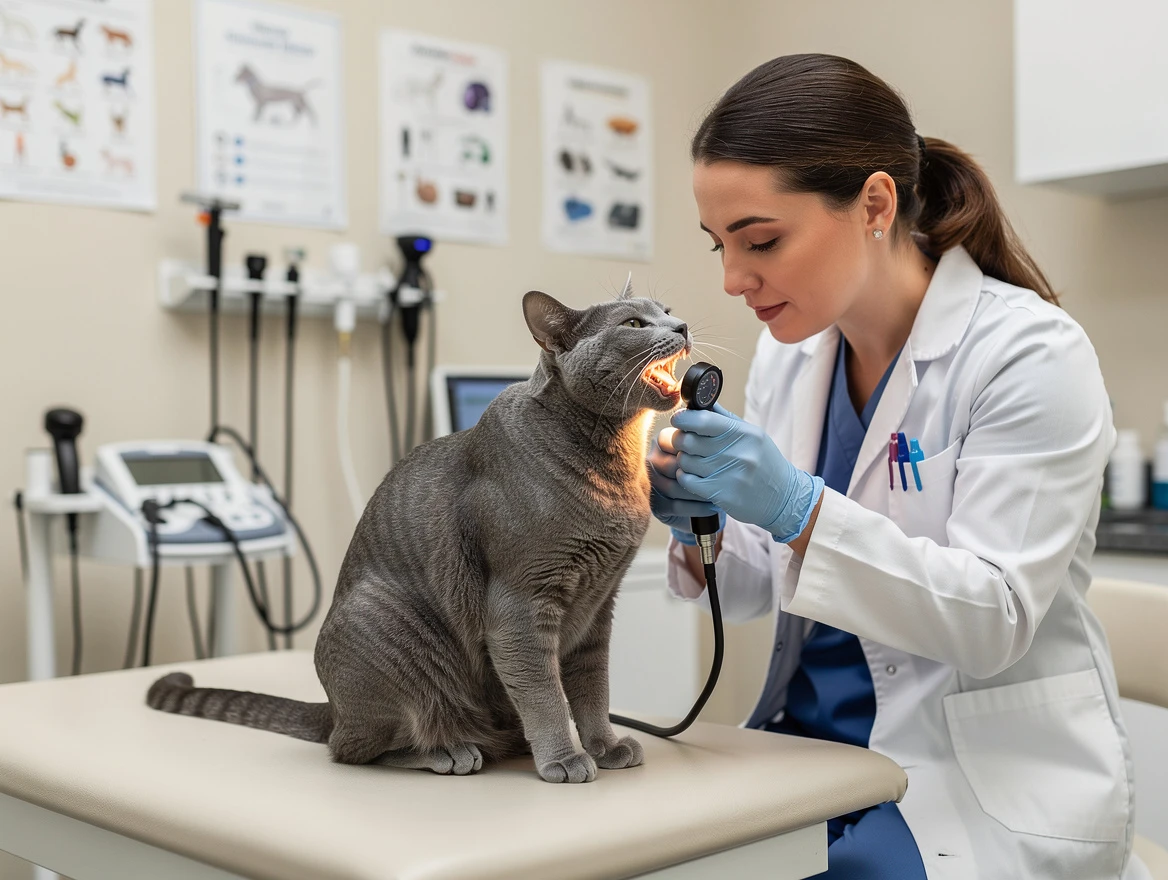 Vet examining cat with laryngoscope — when my cats meow is weak and raspy needs professional care