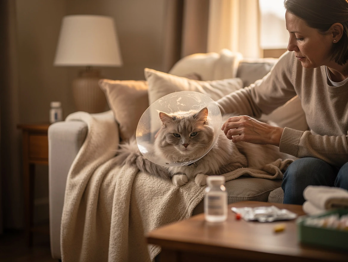 Cat resting comfortably wearing an E-collar while family member monitors healing of popped abscess