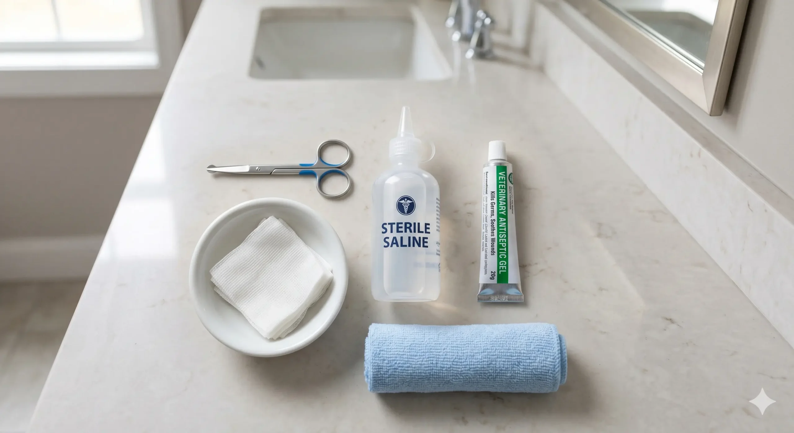 Materials needed to heal an open wound on a cat fast — saline antiseptic gauze and wound care supplies