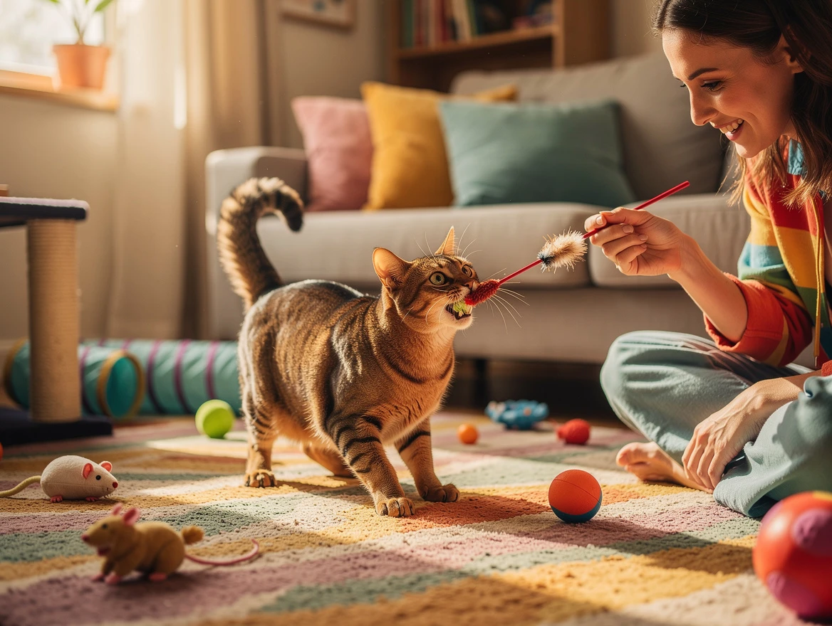 Cat lightly biting a wand toy held by a smiling person — playful biting invitation to play