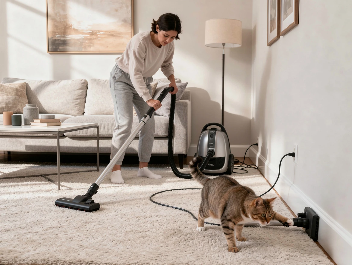 Woman cleaning living room with cat nearby — my cat has worms how do I clean my house room by room