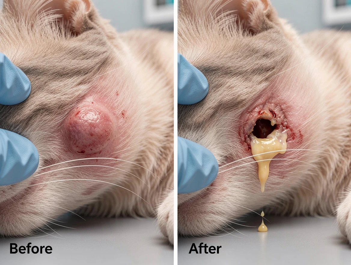 Close up of a cat's swollen abscess area before and after popping showing redness swelling and pus discharge