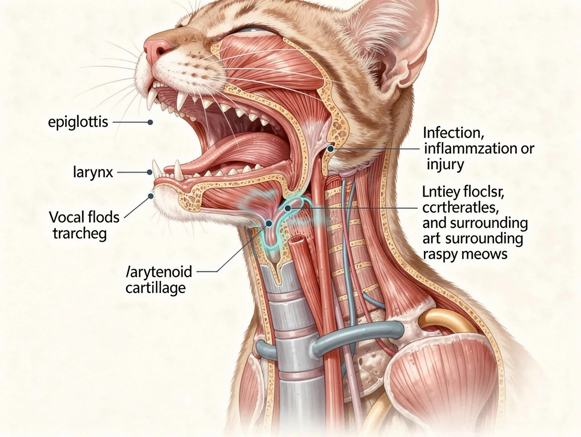 Cat vocal anatomy illustration — causes of my cats meow is weak and raspy