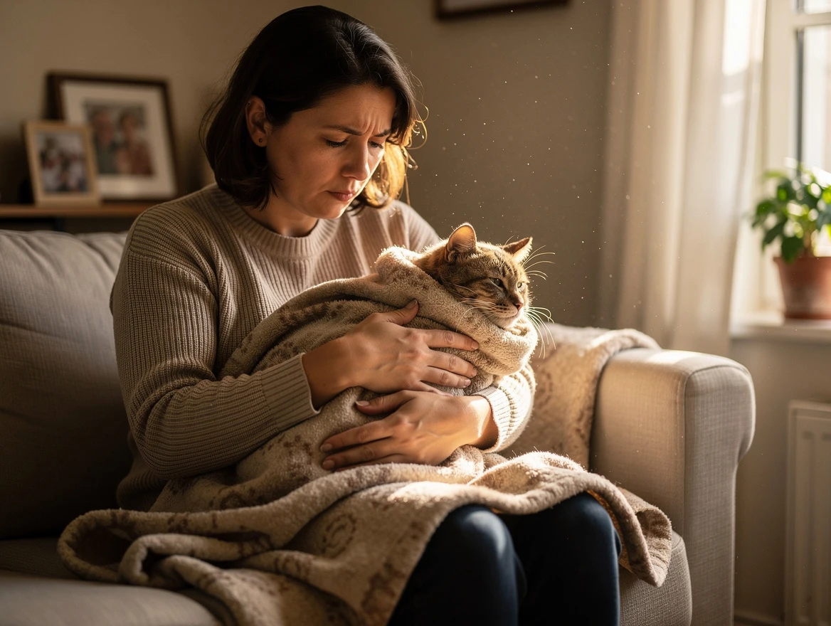 How much does it cost to cremate a cat — cat owner gently holding their cat wrapped in a soft blanket in a cozy home