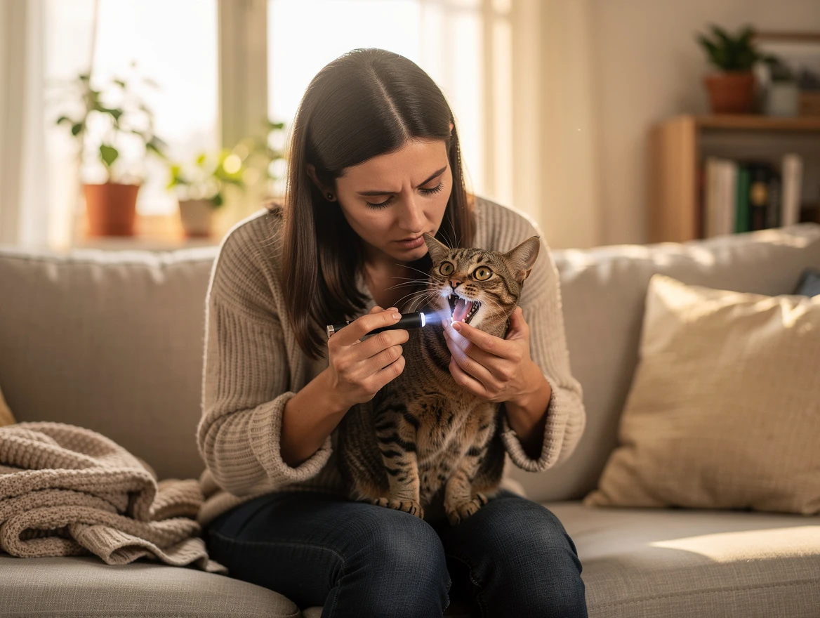 Cat owner examining their cat's mouth — my cat lost a fang tooth