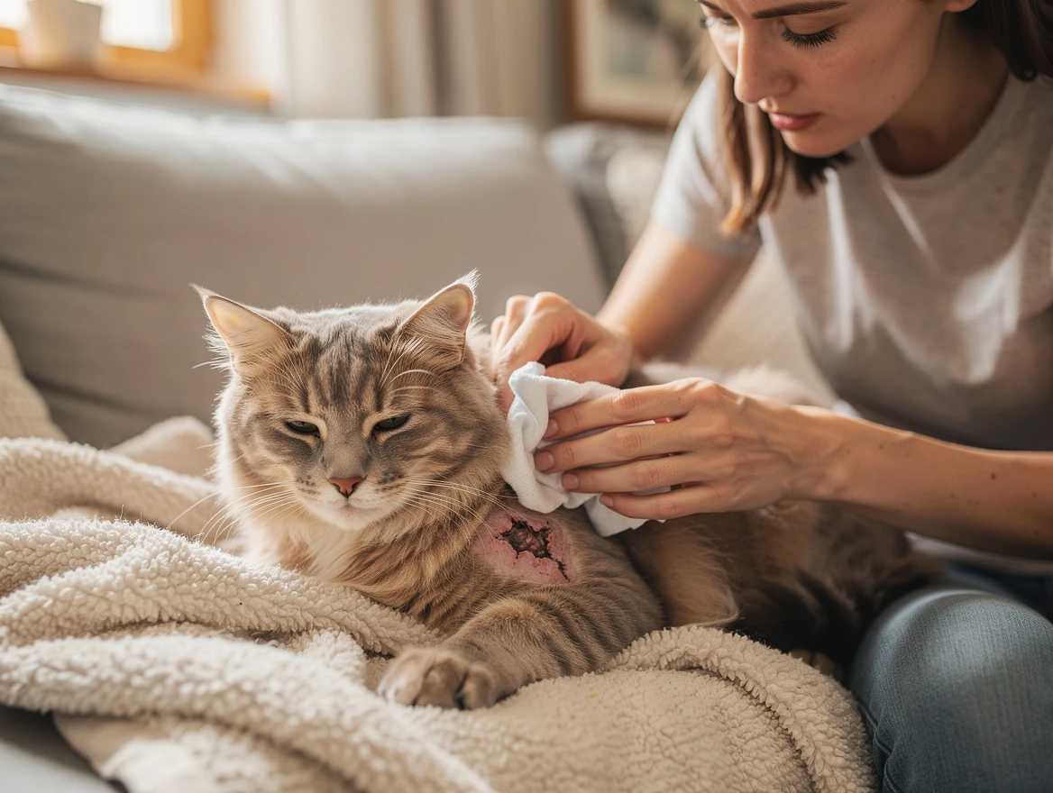 Cat owner gently cleaning a cat's popped abscess wound with a warm damp cloth at home