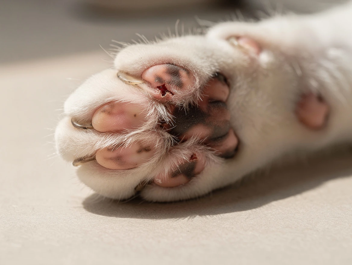 Close up of injured cat paw — checking for cuts or embedded objects when cat is limping