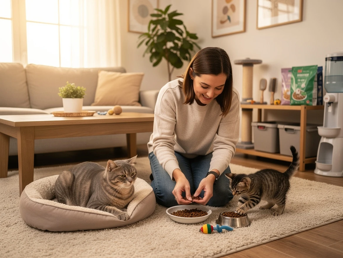 How long can you leave a cat alone while on vacation — pet sitter visiting cat at home