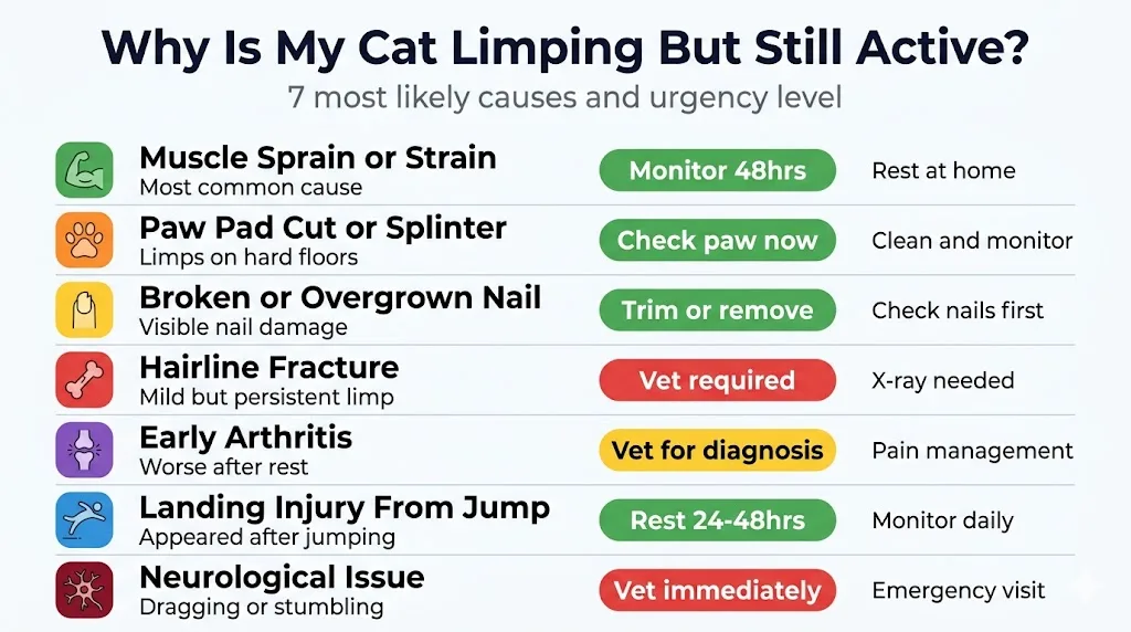 Why is my cat limping but still active — illustrated guide to causes and what to watch for