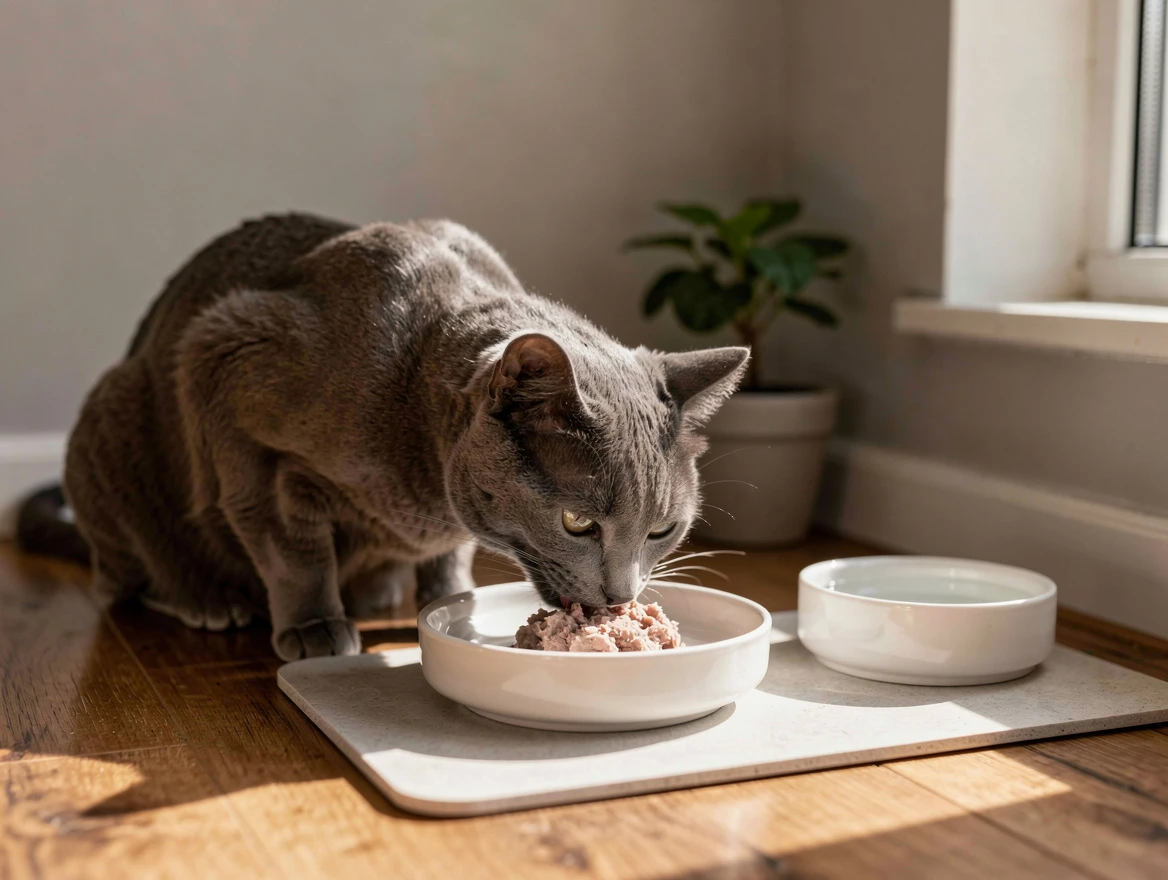 How to get cat to eat wet food — cat eating from shallow bowl in calm quiet corner