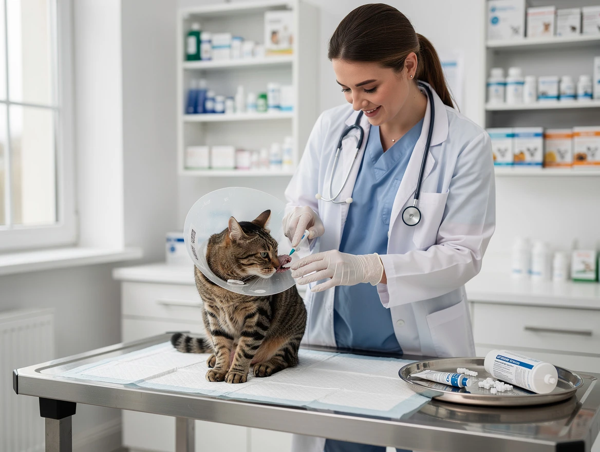 Veterinarian examining a cat with an E-collar in a clean vet clinic — professional treatment and prevention of cat abscesses