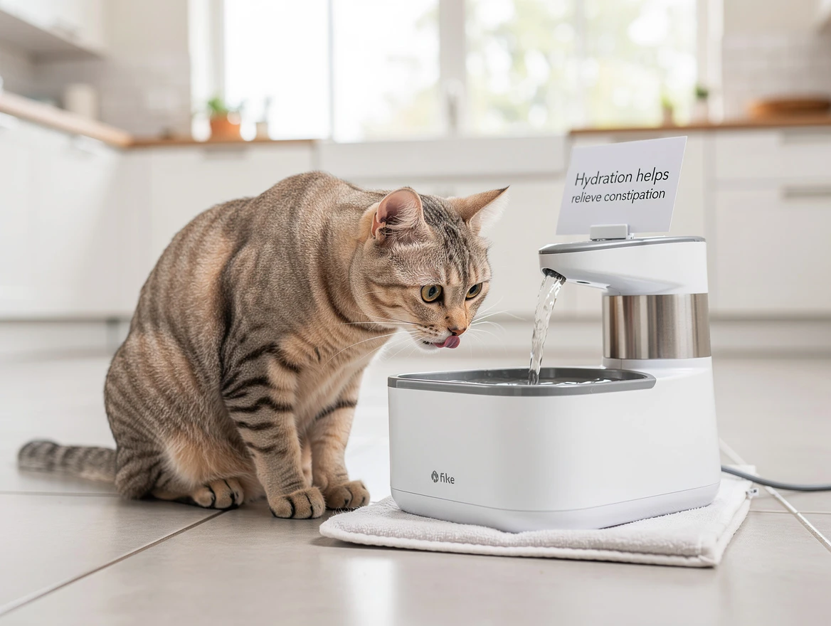 Cat in front of water bowl — hydration is key when asking what can I give my cat for constipation at home