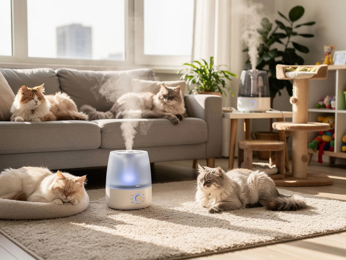 Cats sitting on the couch with a humidifier changing the atmosphere — home care for congested cats