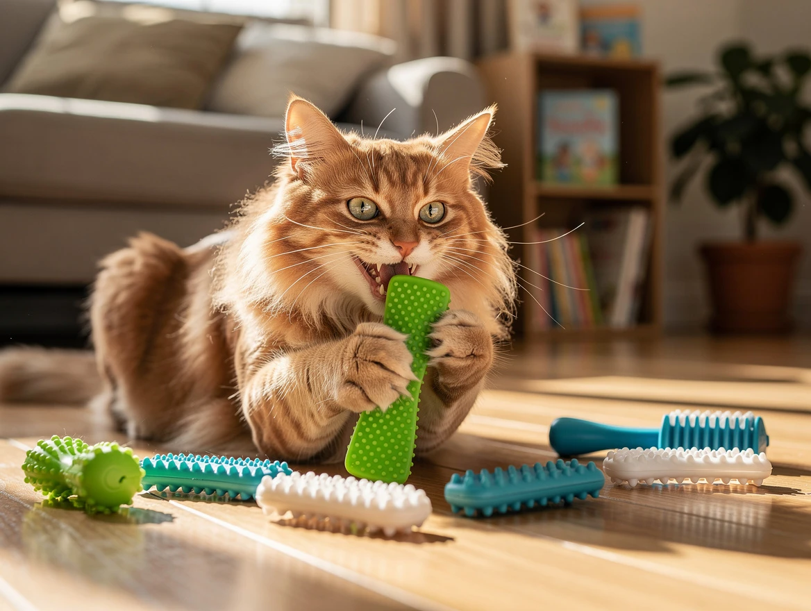 Cat with dental chews and toys — preventing tooth loss after my cat lost a fang tooth