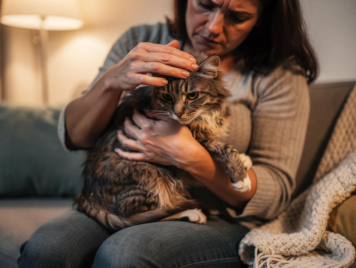 Cat owner holding a weak and lethargic cat — my cat is not eating or drinking and very weak