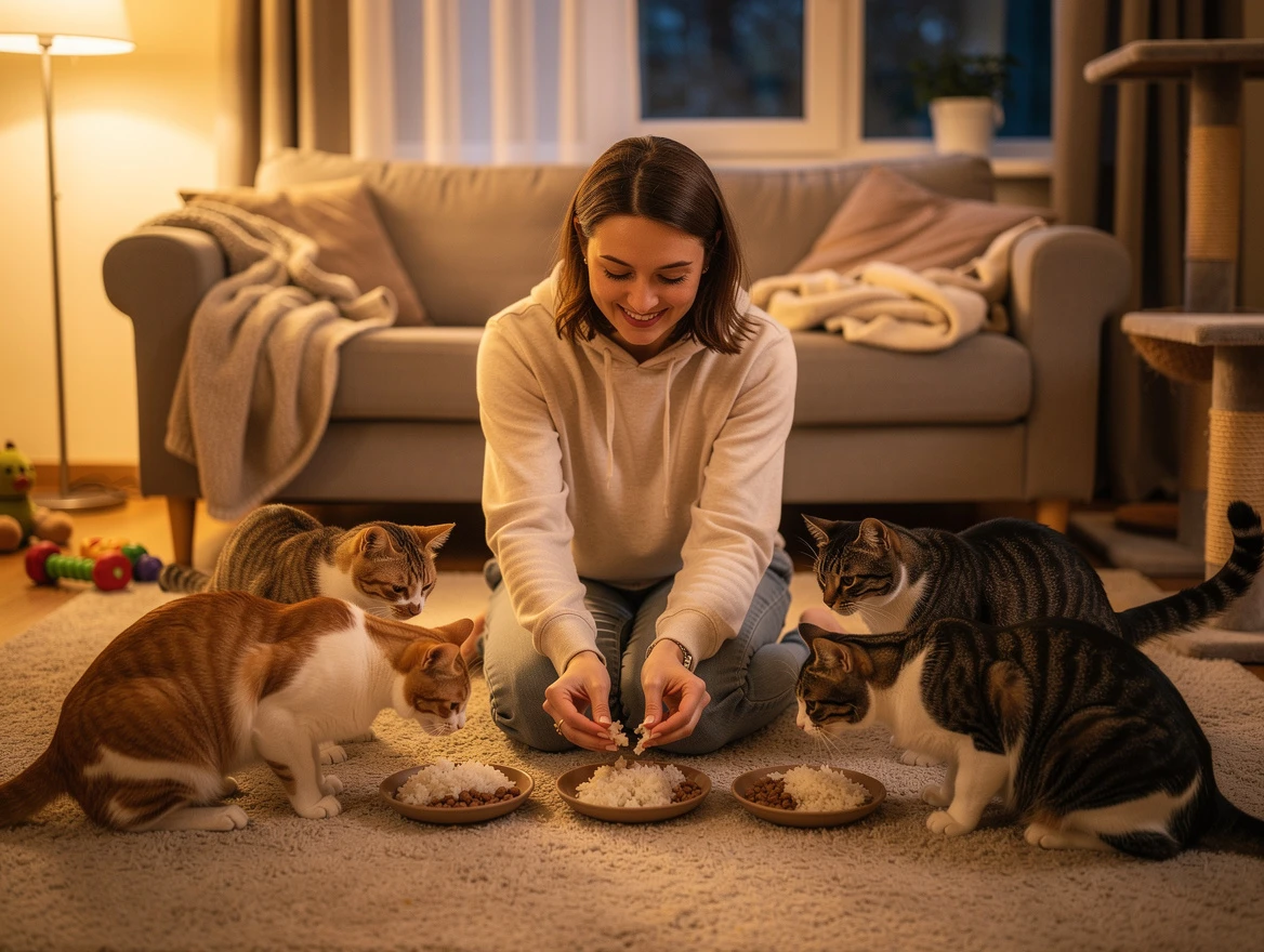 Cat owner feeding cats small portions of plain rice mixed with food — safe rice feeding