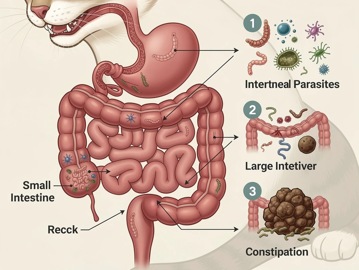 Cat digestive system illustration showing common causes of blood in stool