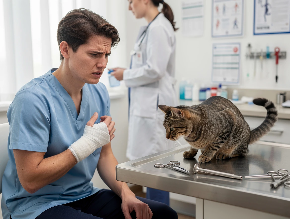 Person with bite injury near vet clinic — when cat biting needs medical attention