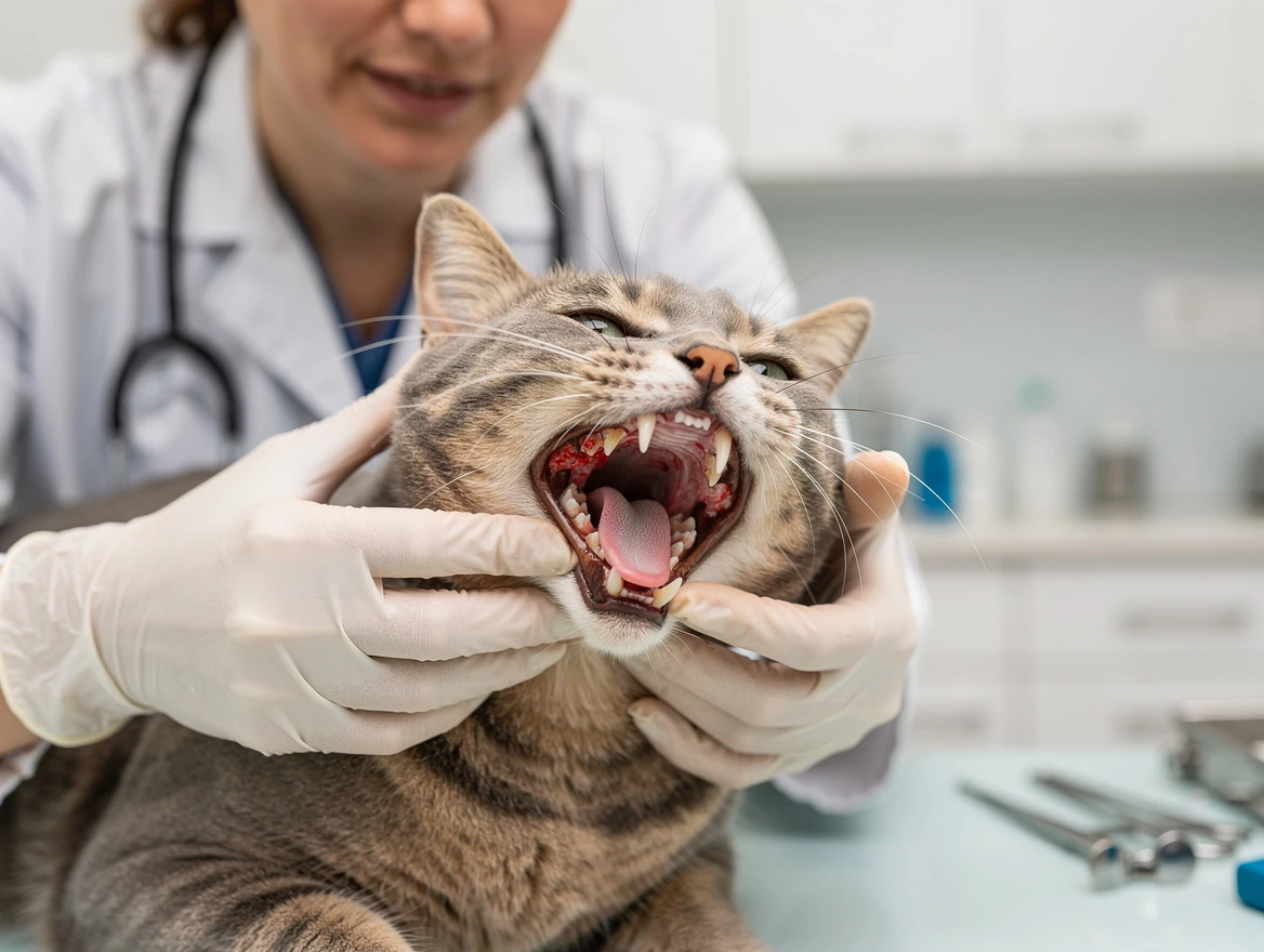 Vet examining cat mouth showing red swollen gums — dental disease causing thick saliva