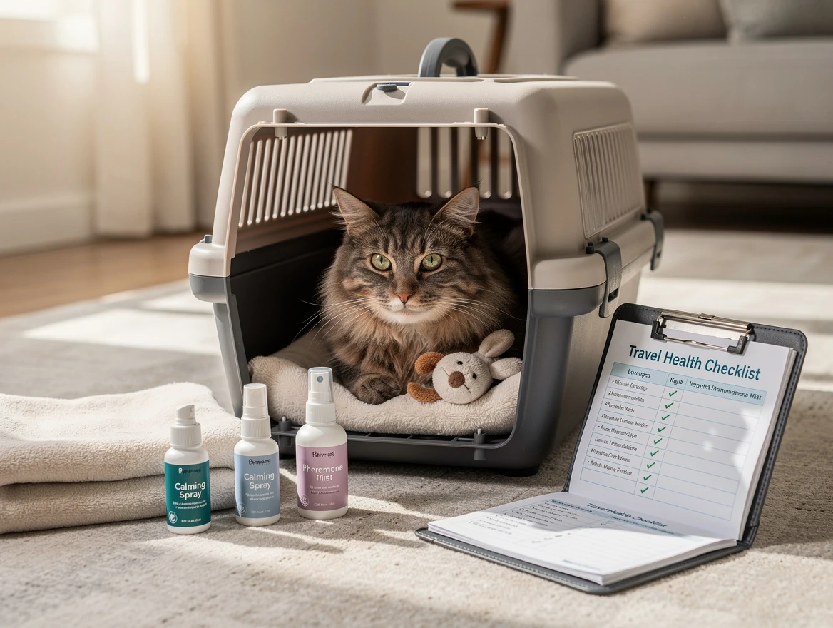 Cat in travel carrier with calming aids — preparing your emotional support cat for travel