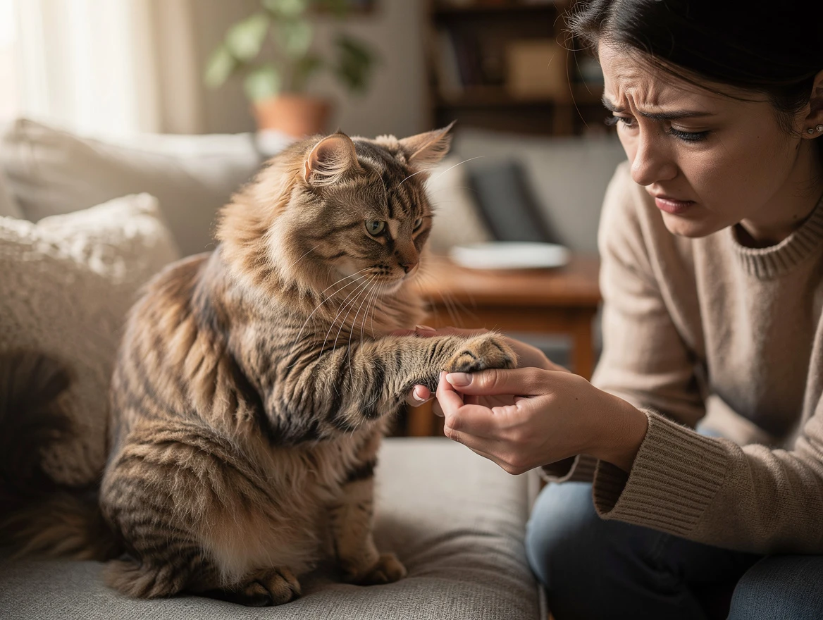 Worried pet owner gently examining limping cat's paw at home