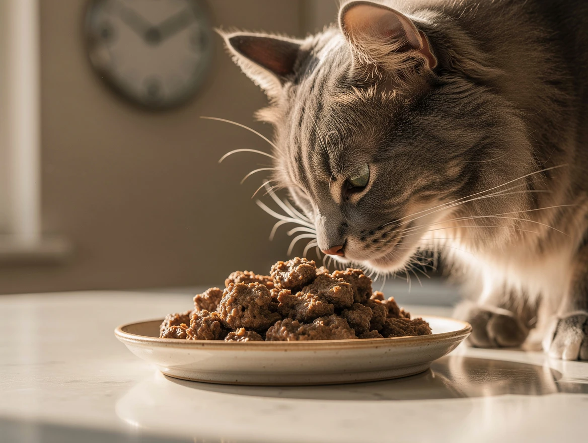 Healthy adult cat eating wet food from bowl in the morning