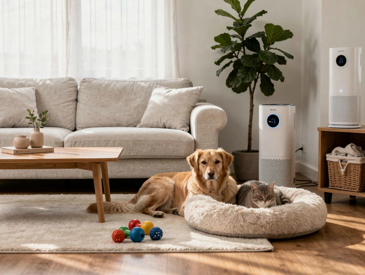 Clean pet-friendly living room with air purifier and washable covers — controlling dog hair