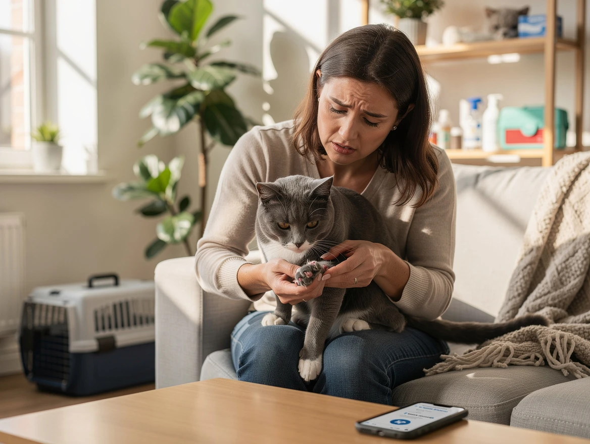 Pet owner examining cat for injury after sudden hissing behavior