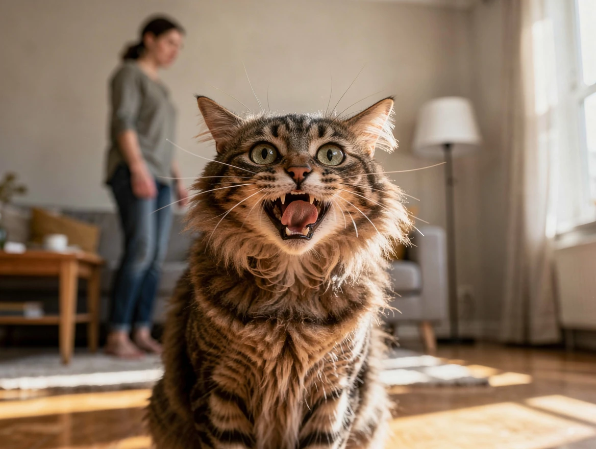 Cat hissing with flattened ears showing fear — why is my cat hissing at me