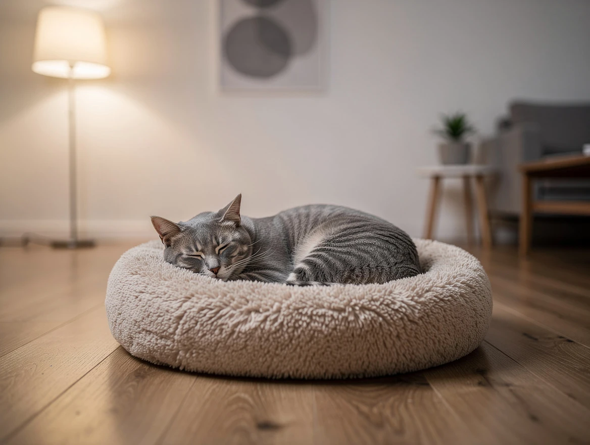 Cat sleeping peacefully in calm safe bed — minimizing sleep startle triggers