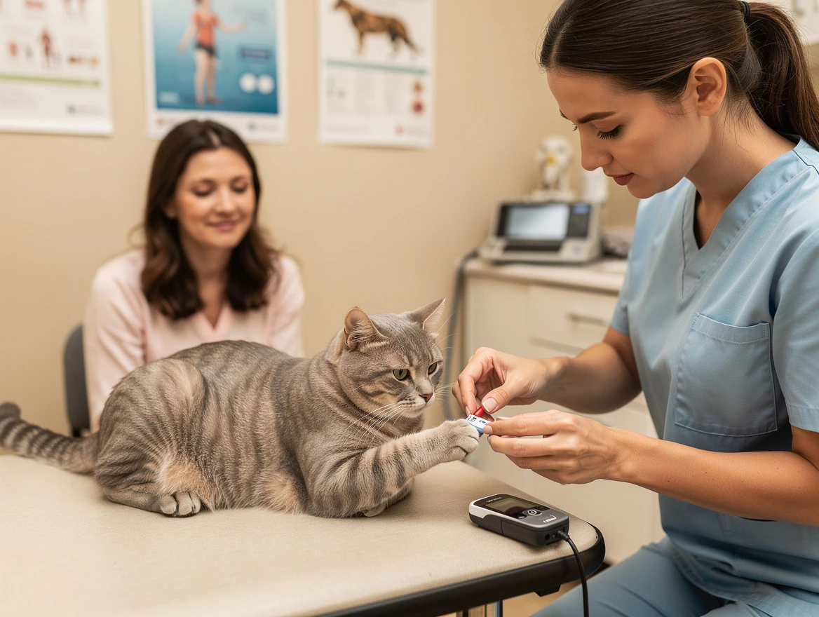 Vet performing blood glucose test on a cat — diagnosing diabetic cat signs