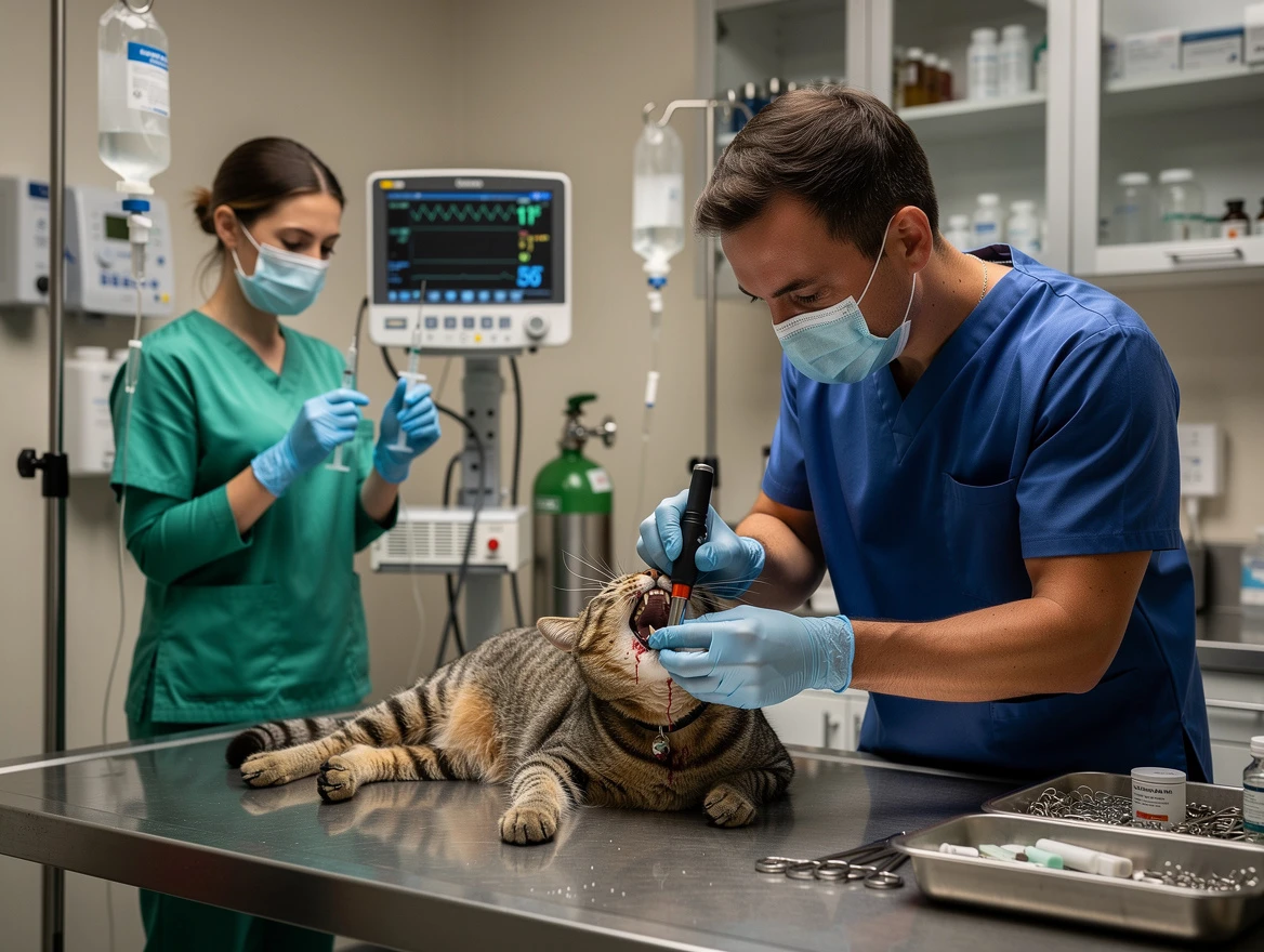 Cat receiving emergency vet care for toxic ingestion causing thick saliva drooling