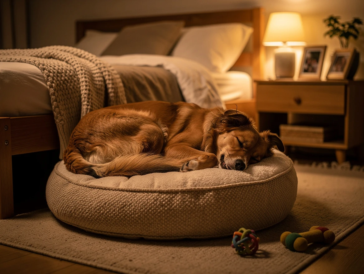 Dog peacefully sleeping on cozy dog bed — calm sleep environment