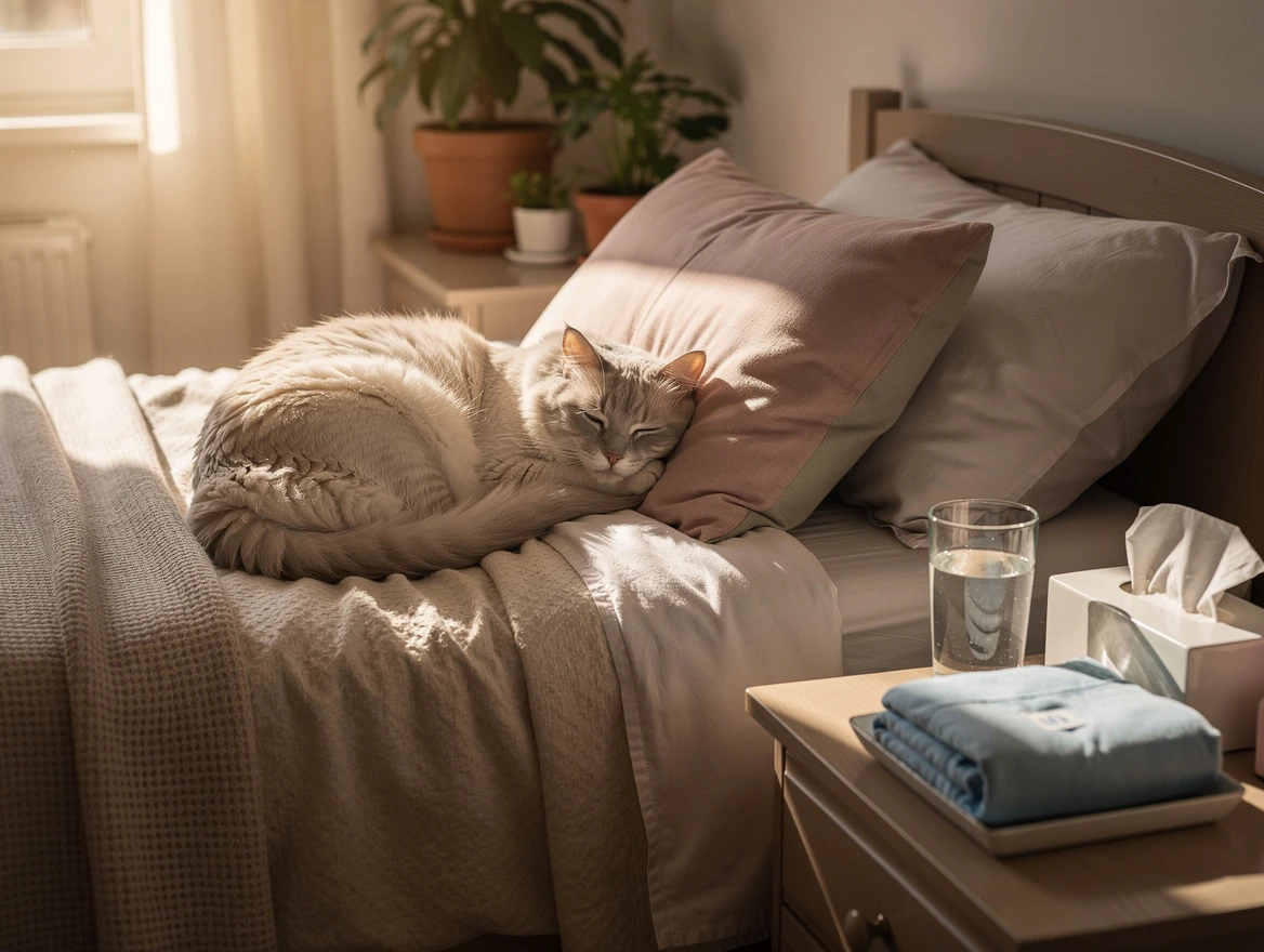 Cat resting on soft bed during recovery from limping injury