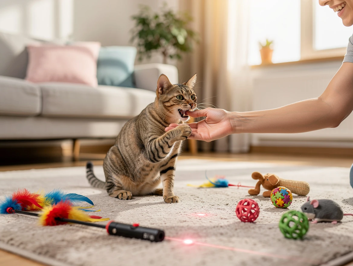 Cat playing with feather wand toy — redirecting play aggression biting