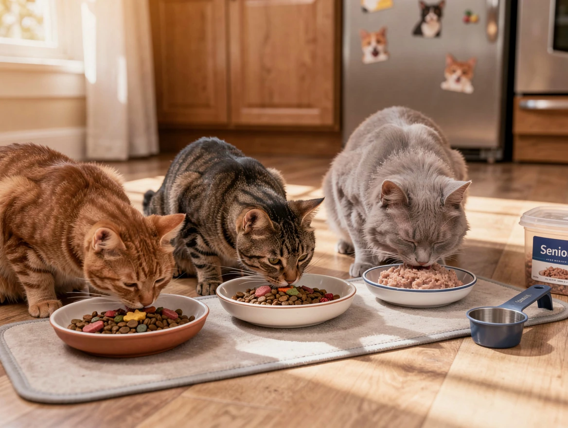 Multi-cat household with cats eating different portion sizes — feeding cats by age and weight