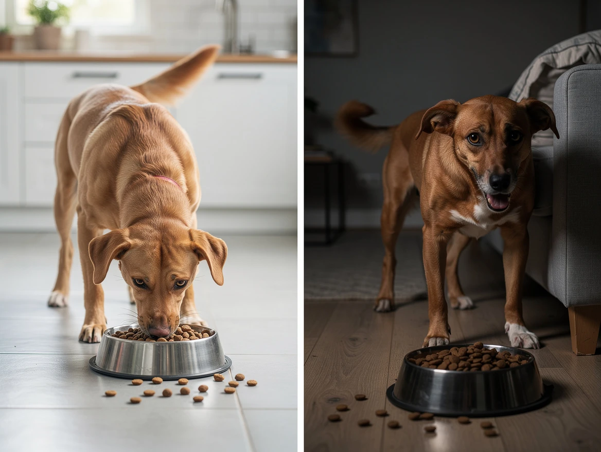 Why my dog won't eat — healthy dog eating vs anxious dog hiding showing stress and appetite loss