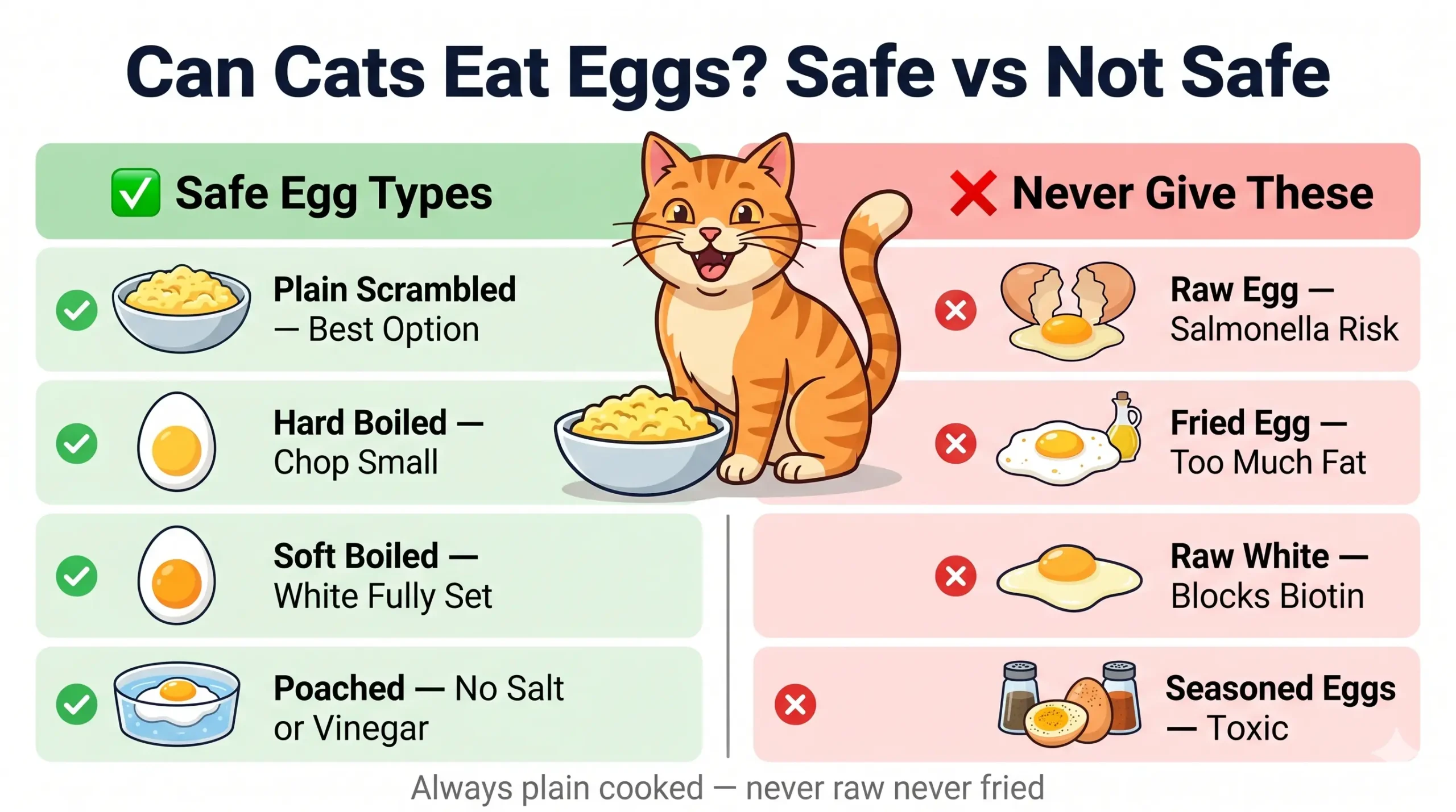 Can cats eat eggs — safe vs not safe types infographic