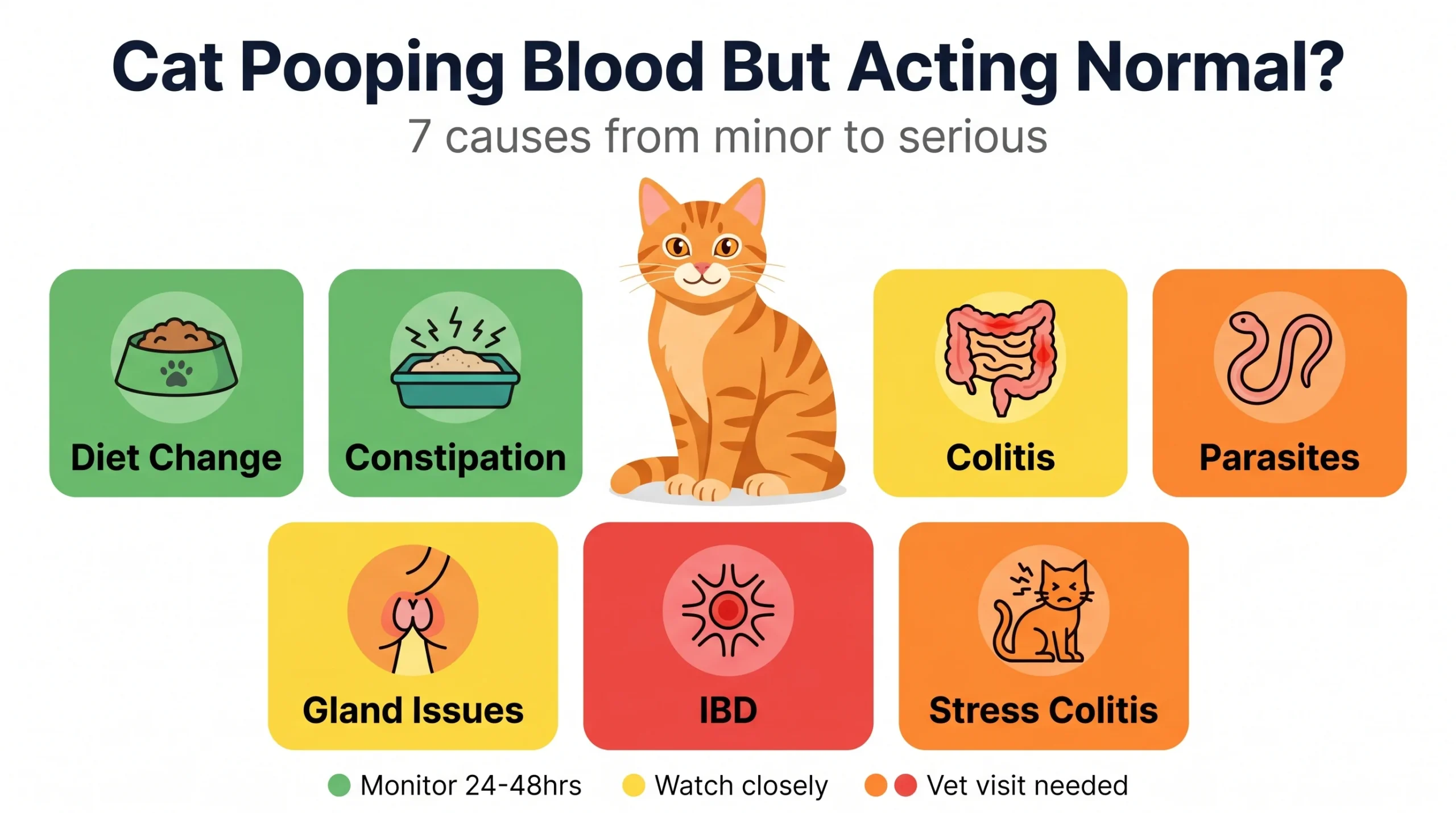 Cat pooping blood but acting normal — 7 causes from minor to serious infographic