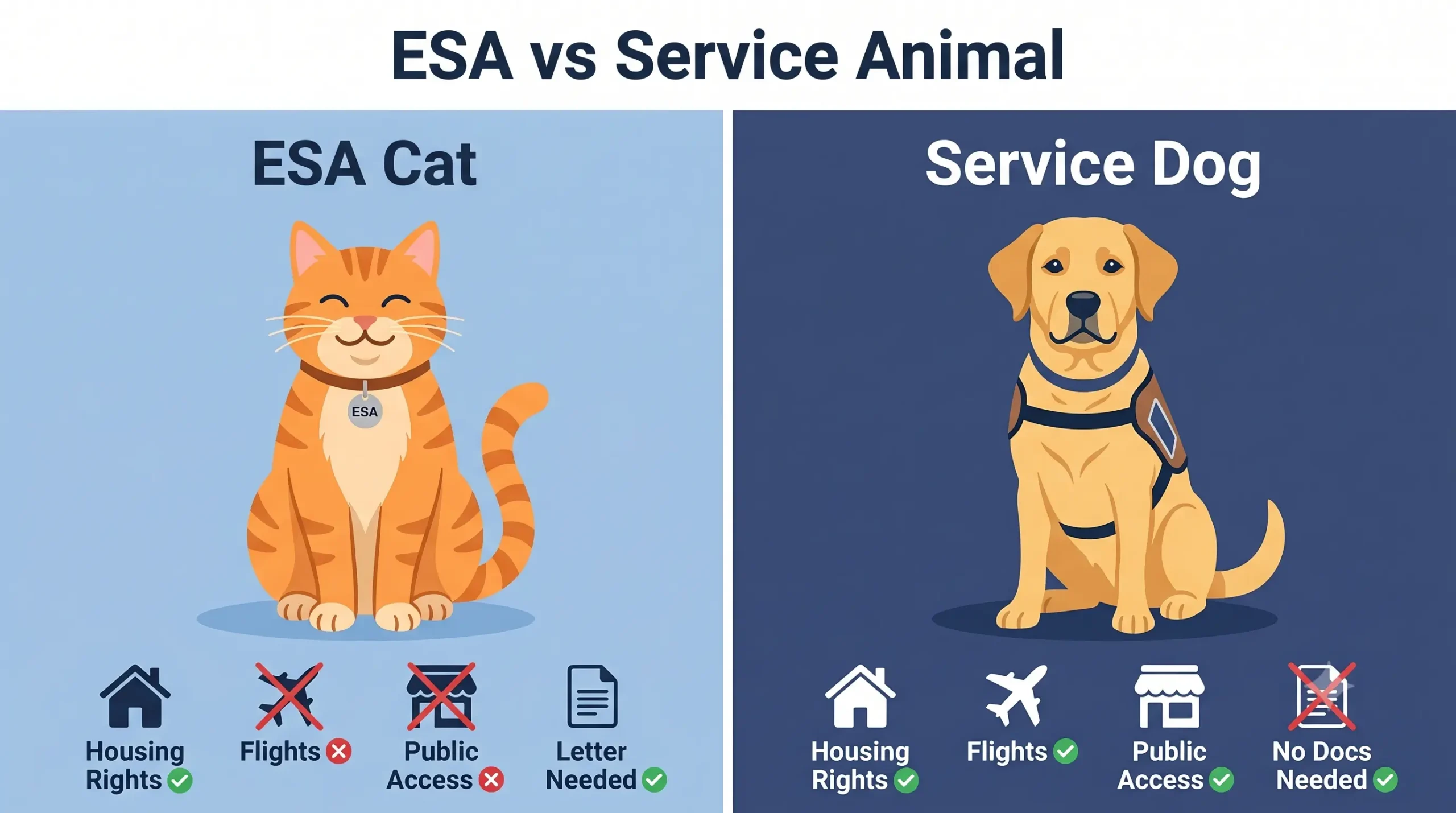 ESA vs service animal comparison — emotional support cat vs service dog differences