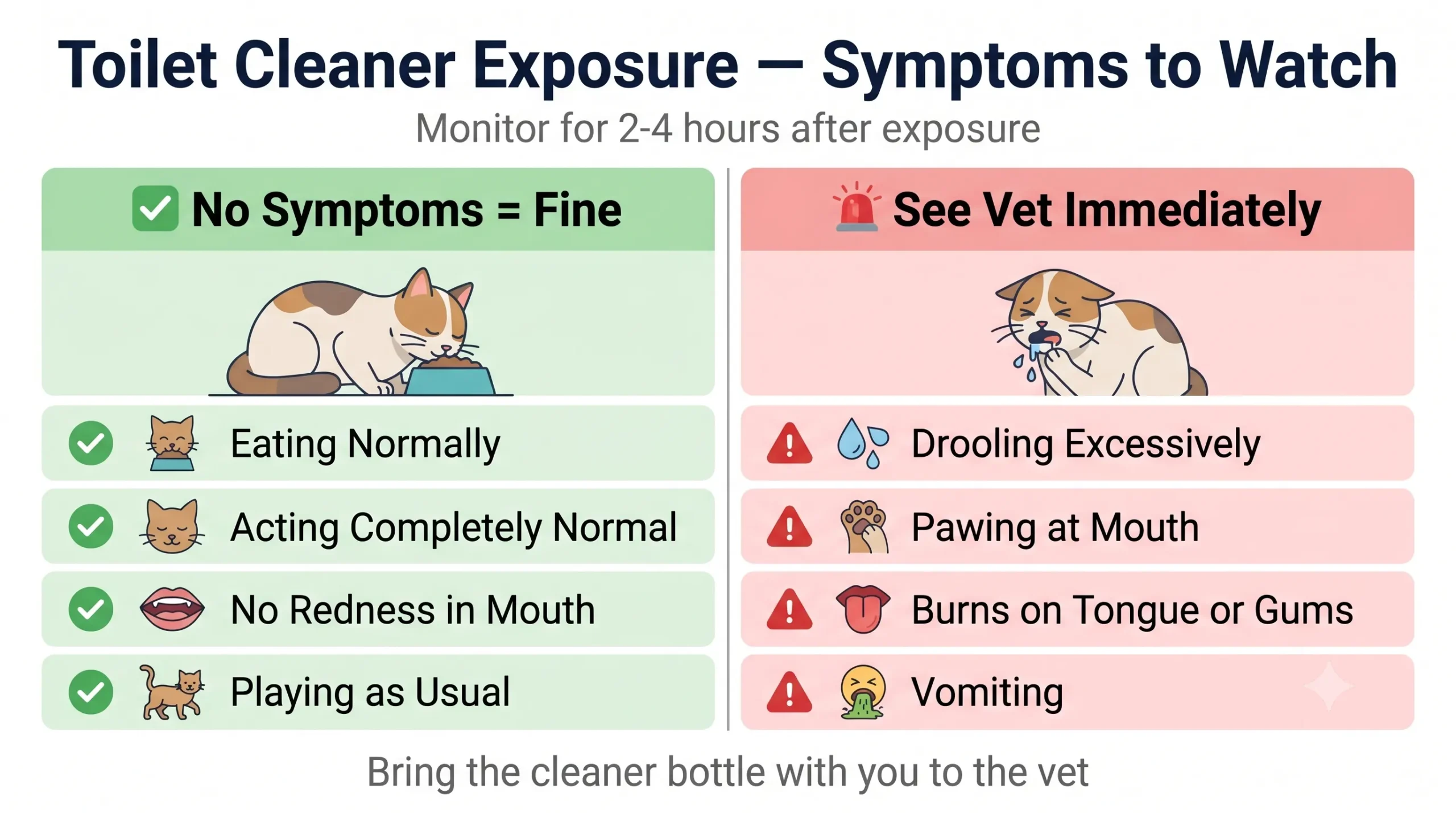 Toilet cleaner exposure in cats — symptoms to watch infographic
