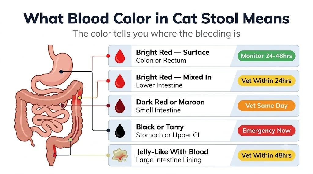 What blood color in cat stool means — diagnostic infographic