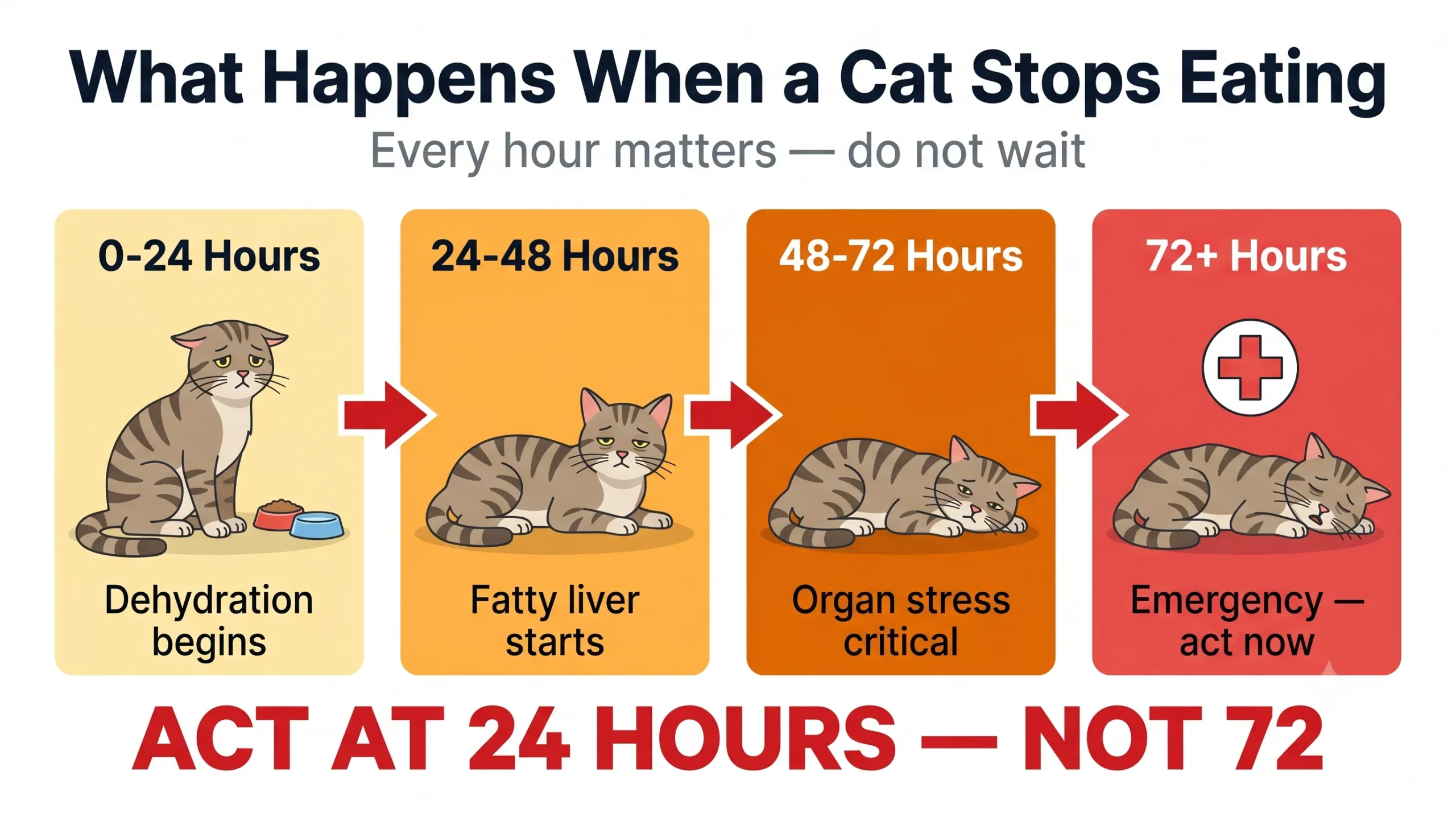 What happens when a cat stops eating — 24hr 48hr 72hr timeline