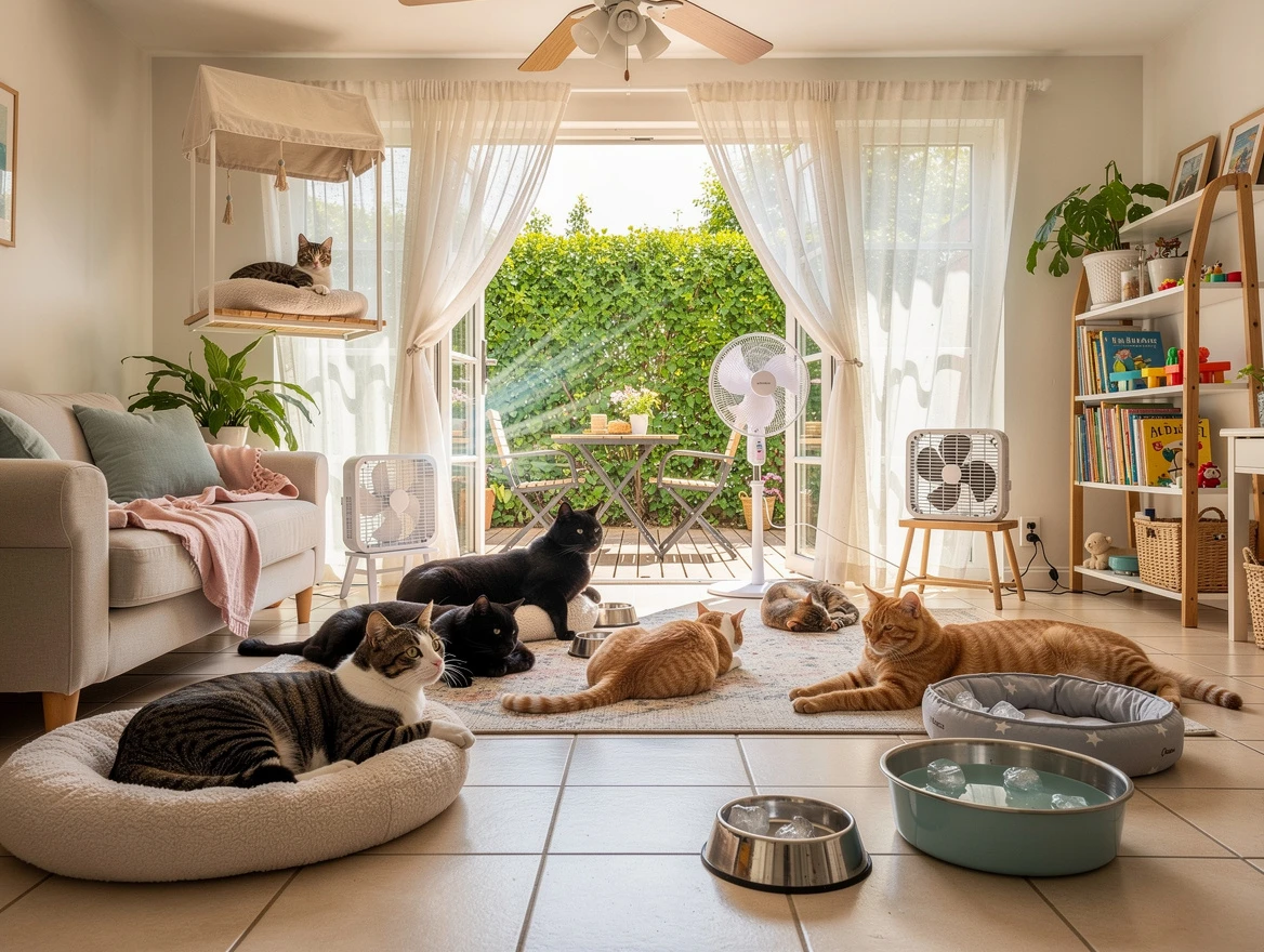 Cats resting in shaded area with water bowls — home care for my cats ears are hot