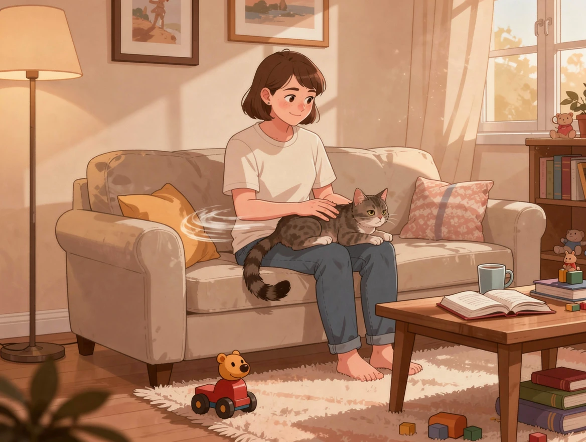 Person petting cat showing overstimulation warning signs — tail flicking ears turning