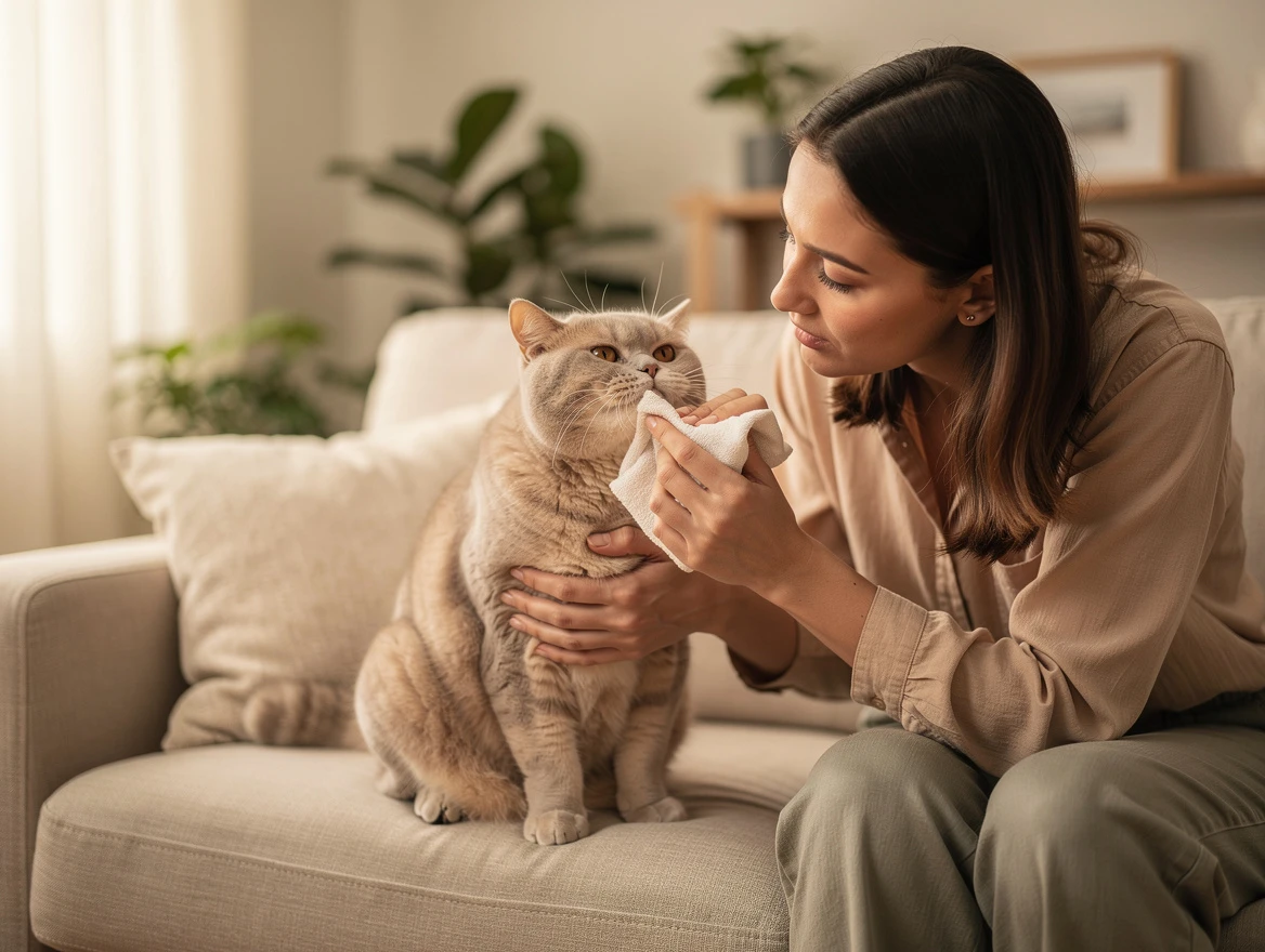 Cat owner gently inspecting cats eyes at home — checking for pupil size differences